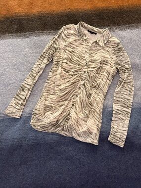 Jane and Delancey Olive and Cream Zebra-Print Button Down Top